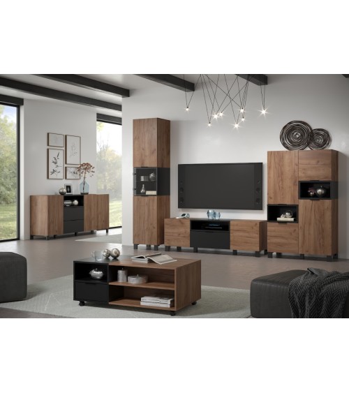 Salon complet KYOTO : table basse, meuble TV, vitrine, commode haute, (buffet)