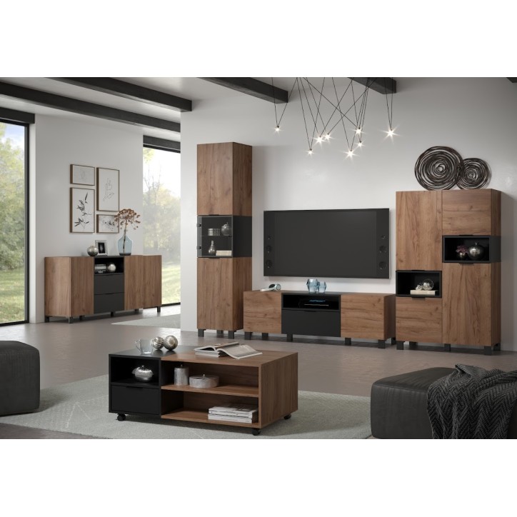 Salon complet KYOTO : table basse, meuble TV, vitrine, commode haute, (buffet)