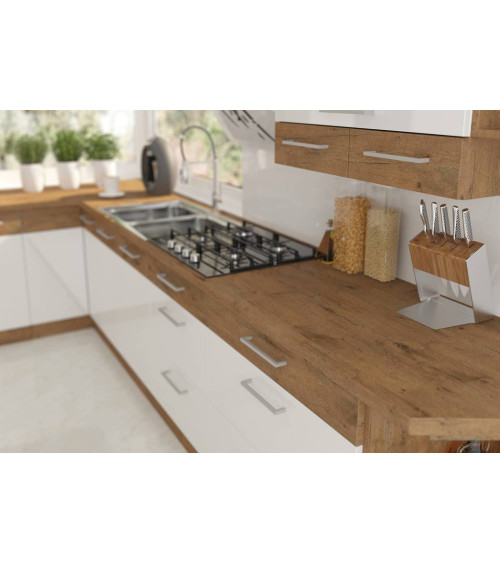 Conjunto muebles de cocina de esquina VIGO roble/blanco brillante 210x350 cm