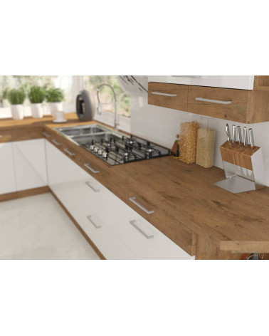 Conjunto muebles de cocina de esquina VIGO roble/blanco brillante 210x350 cm