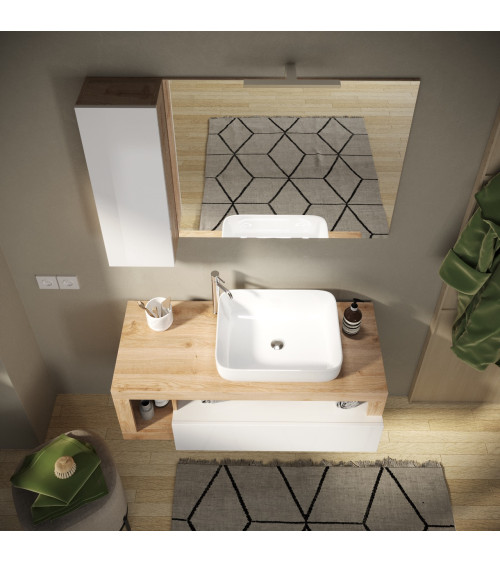 Conjunto de baño, mueble suspendido+espejo+lavabo HAMBURG blanco brillante, Kadiz  110 x 47 x 49 cm