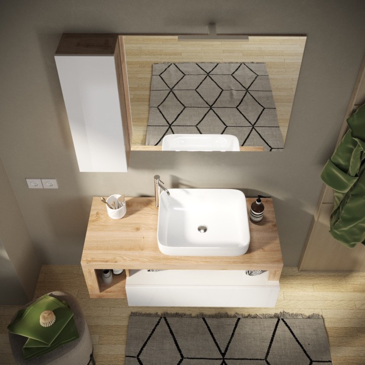 Ensemble salle de bain meuble suspendu+miroir+vasque HAMBURG blanc brillant, Kadiz 110 x 47 x 49 cm