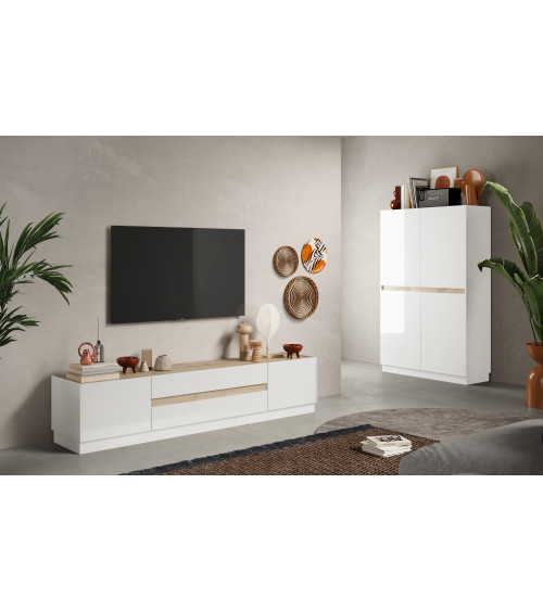 Meuble TV FANTASY Blanc laqué/chêne Cadiz 205 cm