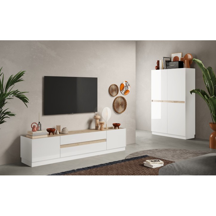Buffet haut 4 portes FANTASY Blanc laqué/chêne Cadiz 105 x 170cm