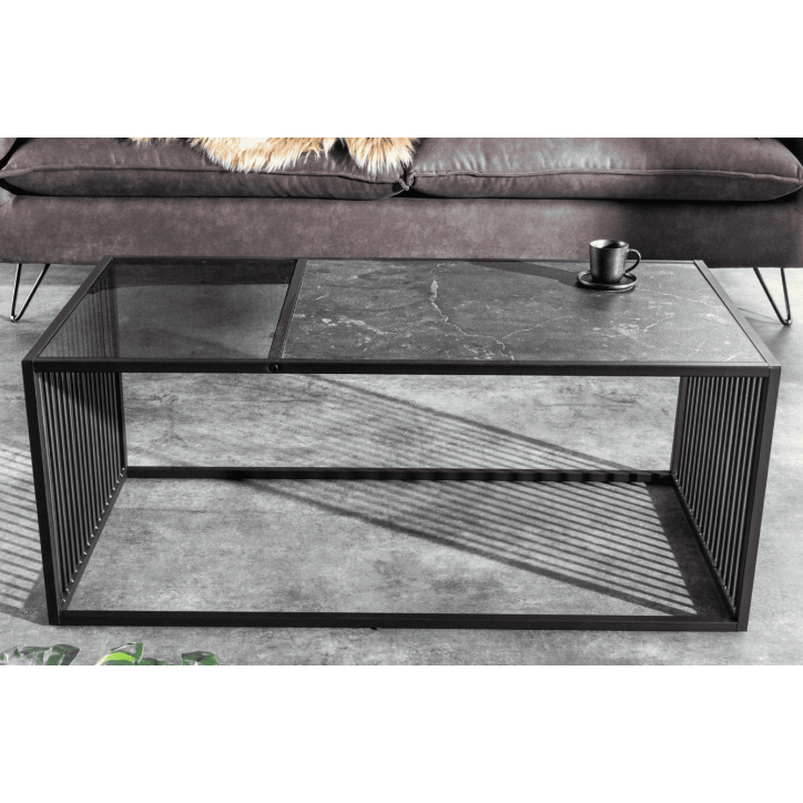 Table basse ARCHITECTURE 100 cm au style marbre et verre fumé