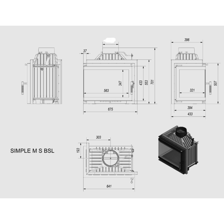 Inserto para chimenea  SMART MS 8 BS 180mm cristal en el lado izquierdo