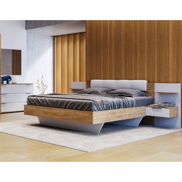 LIT  ASTO avec chevets suspendus,  blanc laqué et chêne clair 160x200 cm