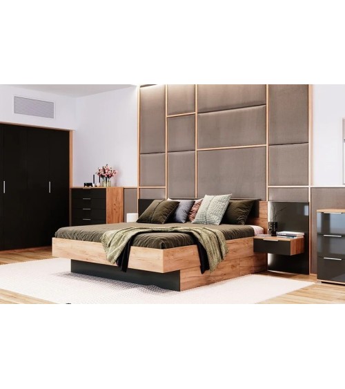 LIT LUNA 160x200 cm AVEC CHEVETS SUSPENDUS lave mat et chêne clair
