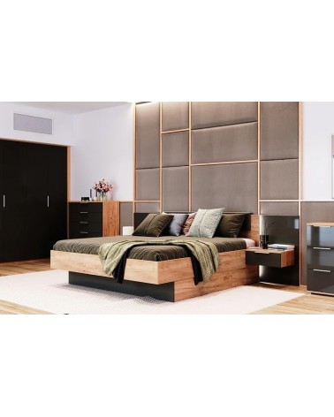 LIT LUNA 160x200 cm AVEC CHEVETS SUSPENDUS lave mat et chêne clair