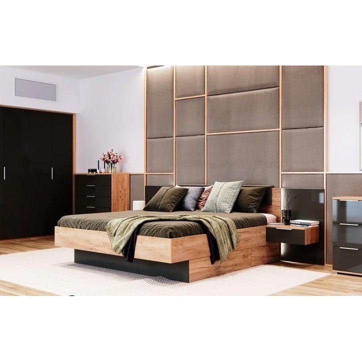 LIT LUNA 160x200 cm AVEC CHEVETS SUSPENDUS lave mat et chêne clair LIT LUNA 160x200 cm AVEC CHEVETS SUSPENDUS lave mat et chêne clair