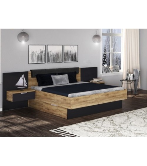 LIT LUNA 160x200 cm AVEC CHEVETS SUSPENDUS lave mat et chêne clair