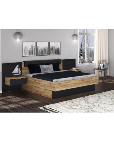 LIT LUNA 160x200 cm AVEC CHEVETS SUSPENDUS lave mat et chêne clair