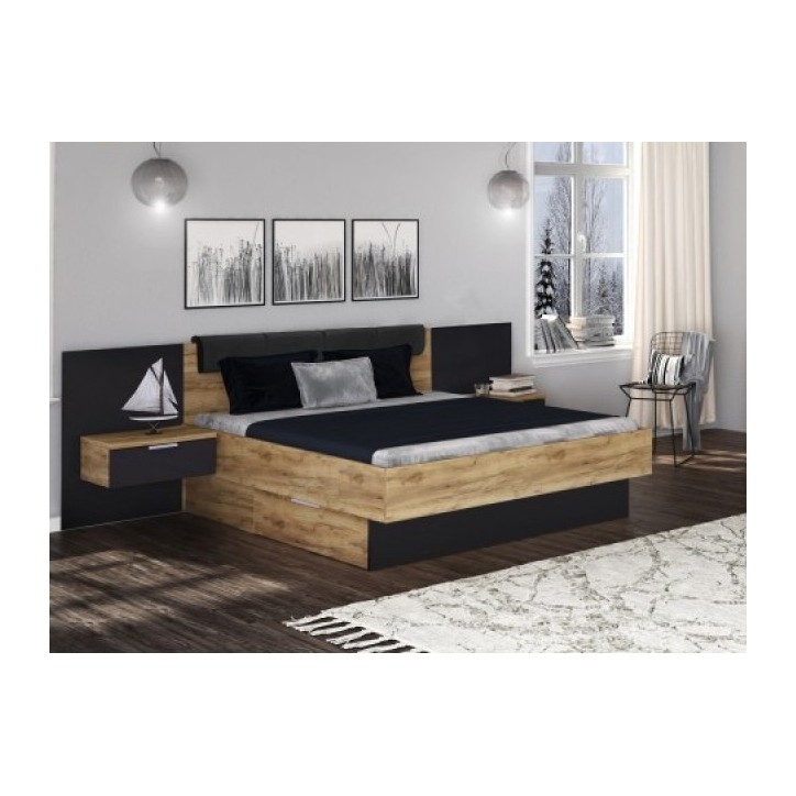 LIT LUNA 160x200 cm AVEC CHEVETS SUSPENDUS lave mat et chêne clair LIT LUNA 160x200 cm AVEC CHEVETS SUSPENDUS lave mat et chêne clair