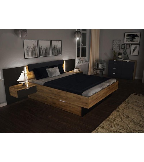 LIT LUNA 160x200 cm AVEC CHEVETS SUSPENDUS lave mat et chêne clair