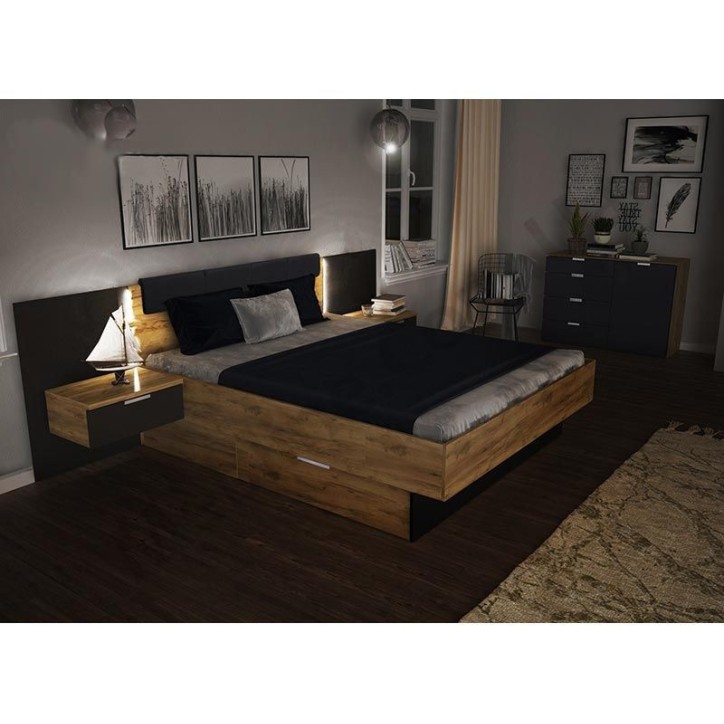 LIT LUNA 160x200 cm AVEC CHEVETS SUSPENDUS lave mat et chêne clair LIT LUNA 160x200 cm AVEC CHEVETS SUSPENDUS lave mat et chêne clair