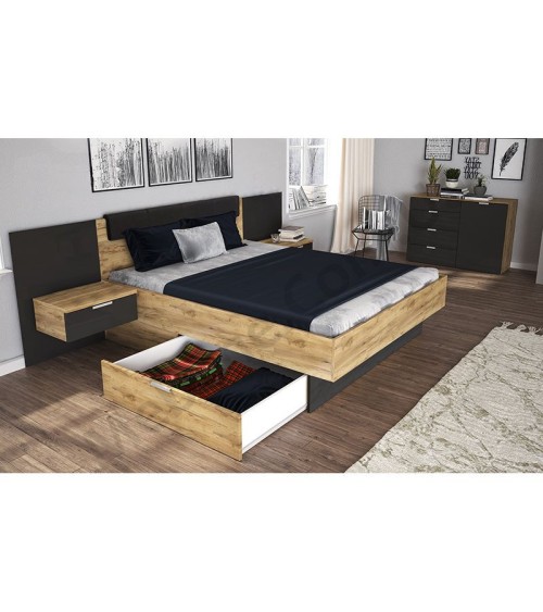 LIT LUNA 160x200 cm AVEC CHEVETS SUSPENDUS lave mat et chêne clair