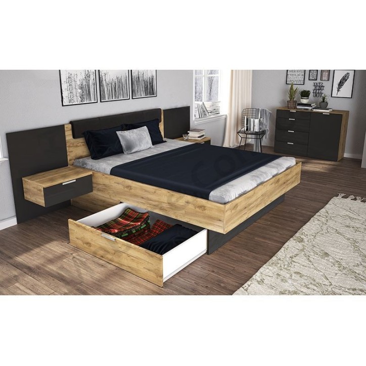 LIT LUNA 160x200 cm AVEC CHEVETS SUSPENDUS lave mat et chêne clair LIT LUNA 160x200 cm AVEC CHEVETS SUSPENDUS lave mat et chêne clair