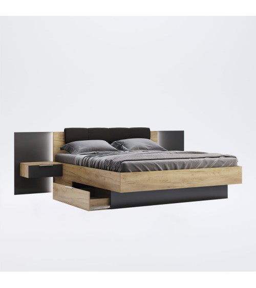 LIT LUNA 160x200 cm AVEC CHEVETS SUSPENDUS lave mat et chêne clair