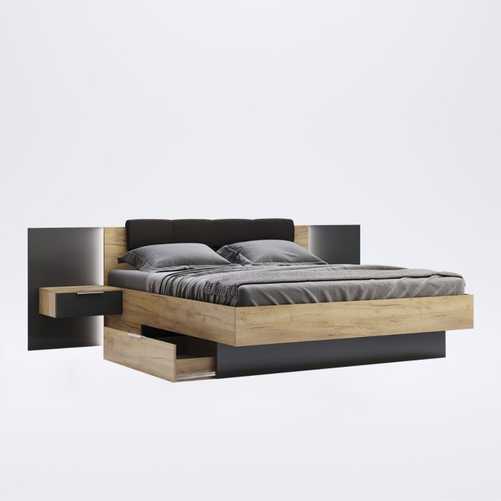 LIT LUNA 160x200 cm AVEC CHEVETS SUSPENDUS lave mat et chêne clair LIT LUNA 160x200 cm AVEC CHEVETS SUSPENDUS lave mat et chêne clair