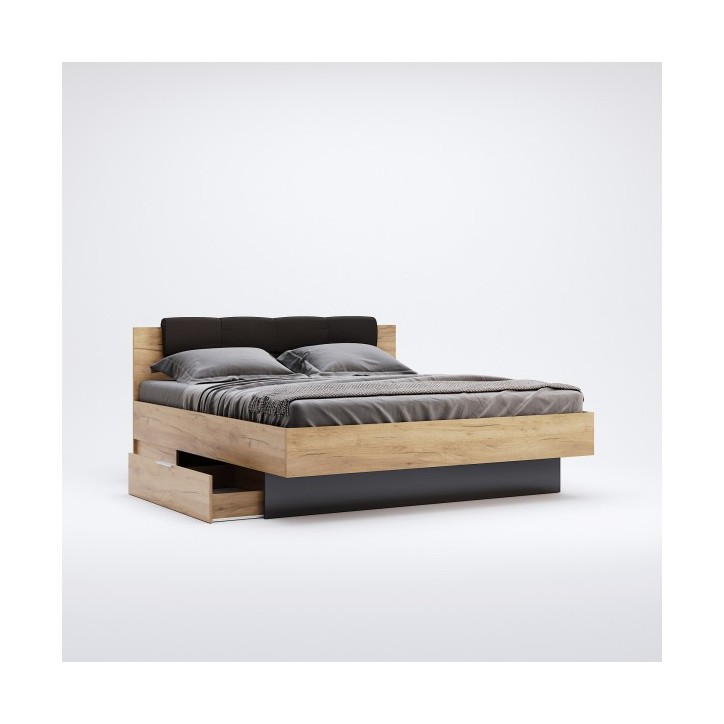 LIT LUNA avec tiroirs de rangement 160x200 cm Lave mat et chêne clair