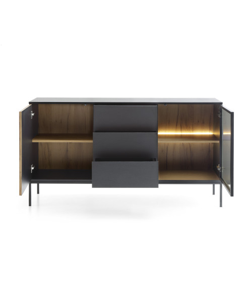 credenza in rovere, nero e vetro temperato