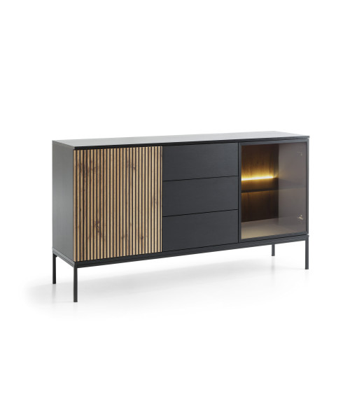 credenza in rovere, nero e vetro temperato