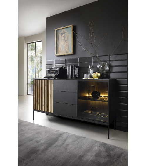 vaisselier Odense chêne clair, noir et verre trempé 154 cm