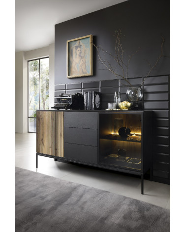 credenza in rovere, nero e vetro temperato