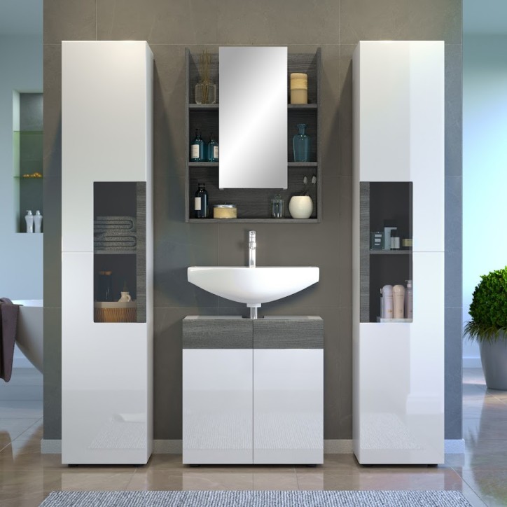 copy of Ensemble Salle de bain CORA : meuble suspendu avec vasque + 2 colonnes + miroir 140 x 50 x 53 cm