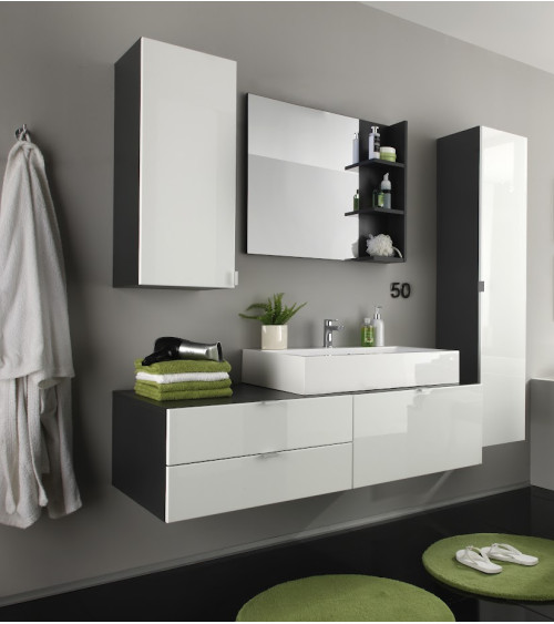 Ensemble Salle de bain CORA : meuble suspendu avec vasque + 2 colonnes + miroir 140 x 50 x 53 cm
