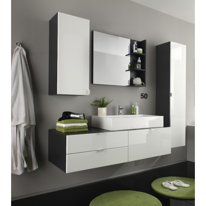 CORA badkamerset: wandmeubel met wastafel 140 x 50 x 53 cm + 2 zuilen + spiegel