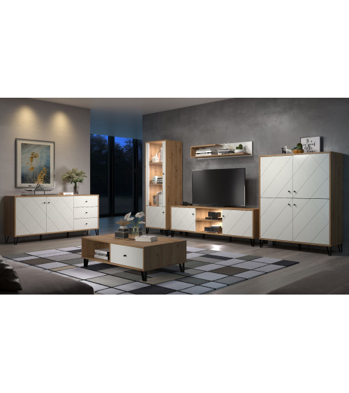 Salon complet BIANCA : table basse, meuble TV, vitrine, commode haute, (buffet)