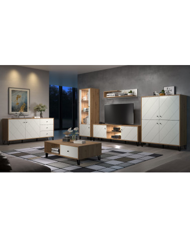 Salón BIANCA completo: mesa de centro, mueble TV, vitrina, cómoda alta, (aparador)