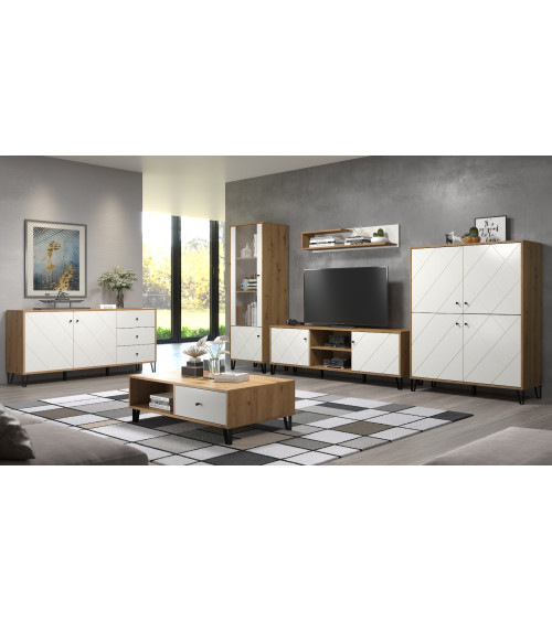 Salon complet BIANCA : table basse, meuble TV, vitrine, commode haute, (buffet)