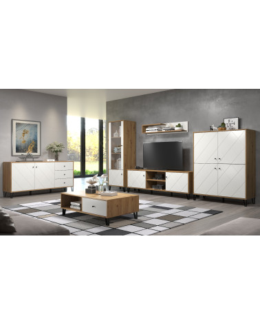 Salon complet BIANCA : table basse, meuble TV, vitrine, commode haute, (buffet)