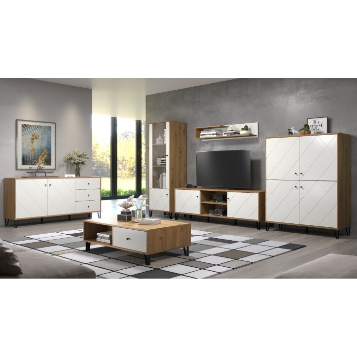Salon complet BIANCA : table basse, meuble TV, vitrine, commode haute, (buffet)