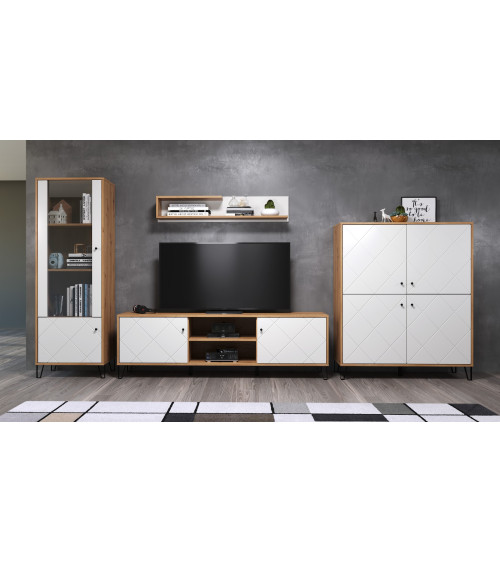 Salón BIANCA completo: mesa de centro, mueble TV, vitrina, cómoda alta, (aparador)