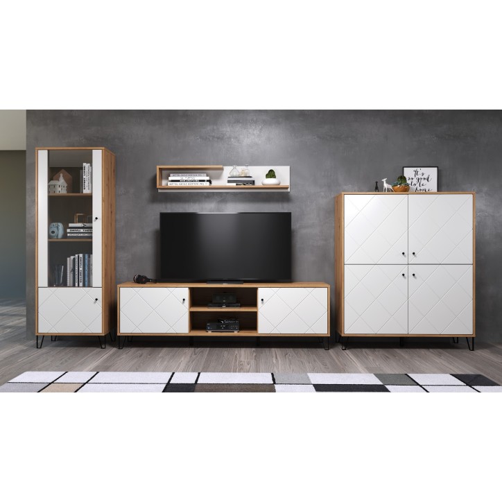 Salon complet BIANCA : table basse, meuble TV, vitrine, commode haute, (buffet) Salon complet BIANCA : table basse, meuble TV, vitrine, commode haute, (buffet)