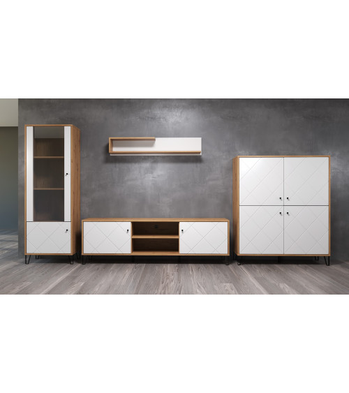 Salon complet BIANCA : table basse, meuble TV, vitrine, commode haute, (buffet)