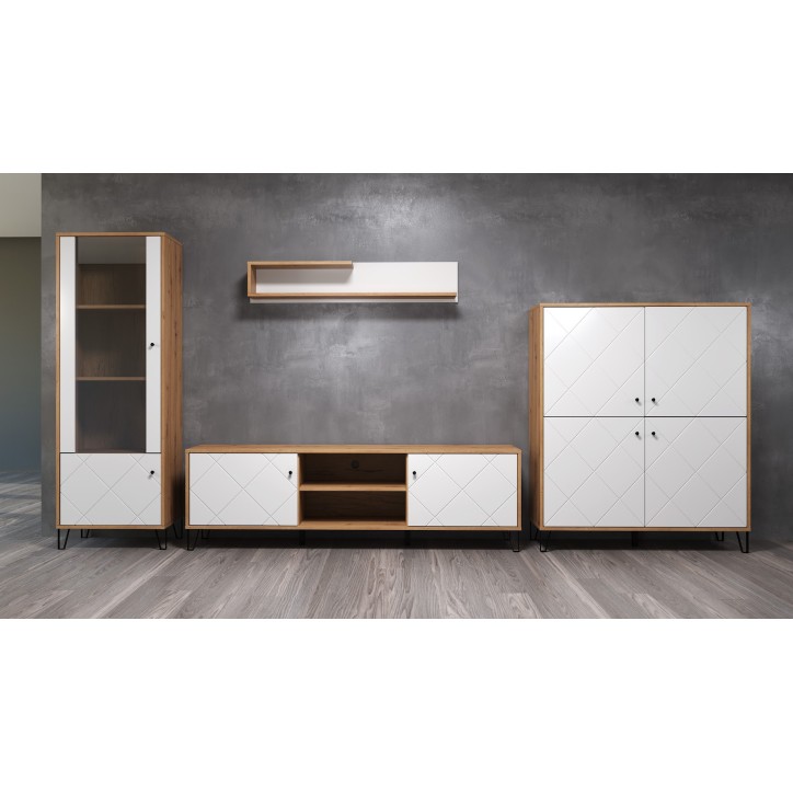 Salon complet BIANCA : table basse, meuble TV, vitrine, commode haute, (buffet) Salon complet BIANCA : table basse, meuble TV, vitrine, commode haute, (buffet)
