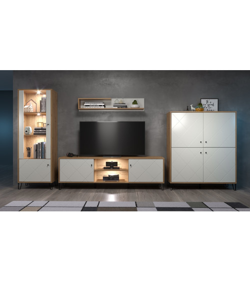 Salon complet BIANCA : table basse, meuble TV, vitrine, commode haute, (buffet)