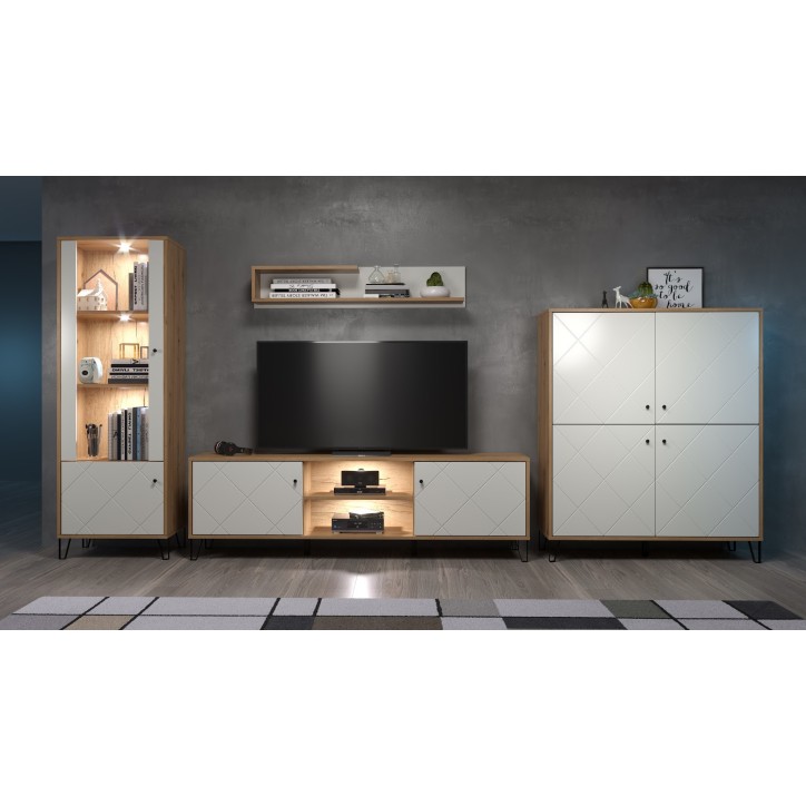 Salon complet BIANCA : table basse, meuble TV, vitrine, commode haute, (buffet)