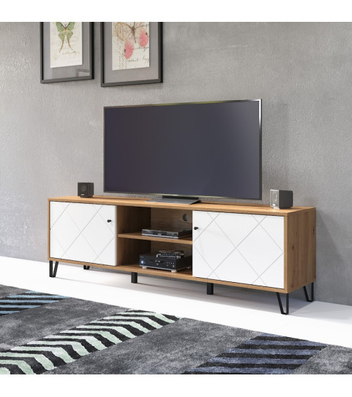 Salon complet BIANCA : table basse, meuble TV, vitrine, commode haute, (buffet)
