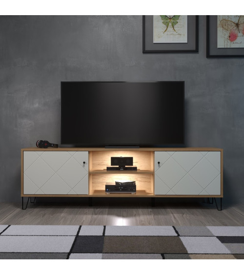 Salon complet BIANCA : table basse, meuble TV, vitrine, commode haute, (buffet)