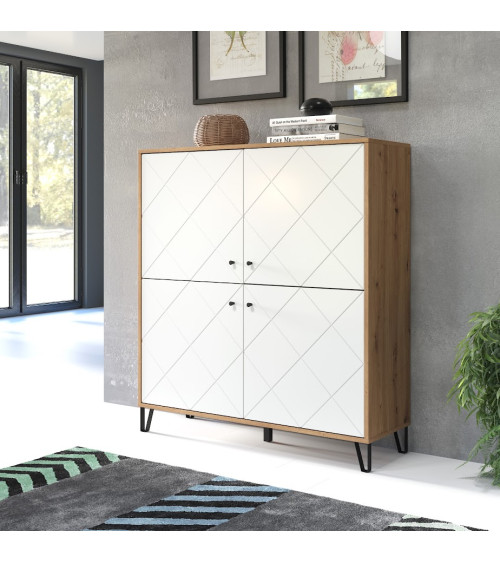 Salon complet BIANCA : table basse, meuble TV, vitrine, commode haute, (buffet)