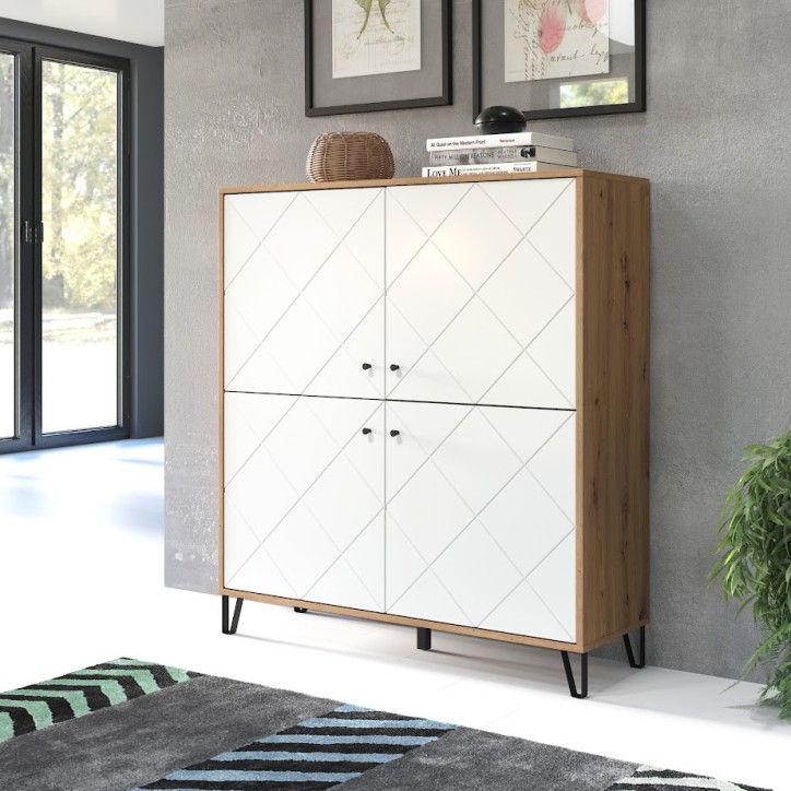 Salon complet BIANCA : table basse, meuble TV, vitrine, commode haute, (buffet)