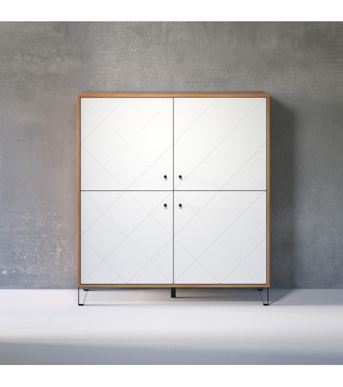 Salon complet BIANCA : table basse, meuble TV, vitrine, commode haute, (buffet)