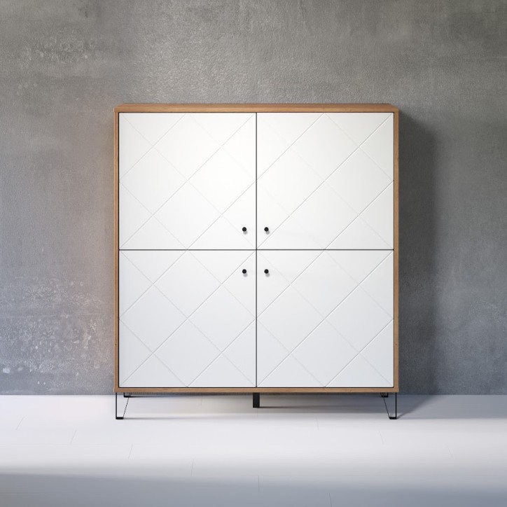 Salón BIANCA completo: mesa de centro, mueble TV, vitrina, cómoda alta, (aparador)