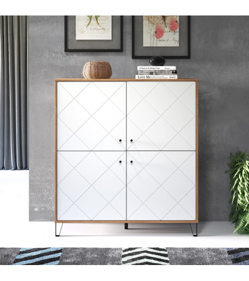 Salon complet BIANCA : table basse, meuble TV, vitrine, commode haute, (buffet)