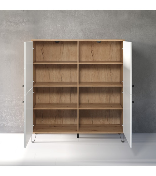 Salon complet BIANCA : table basse, meuble TV, vitrine, commode haute, (buffet)